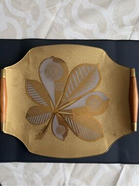 Vtg MidCenturyModern-Georges Briard Glass Tray Chestnut Leaf Gold 12.5”